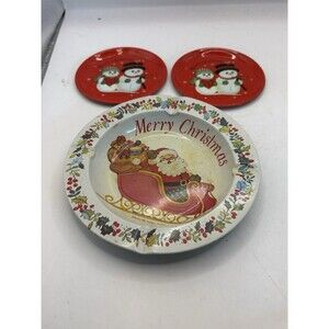 Vintage Set Of 2 Coasters And Ashtray Christmas Made In Hong Kong Snowmen Santa